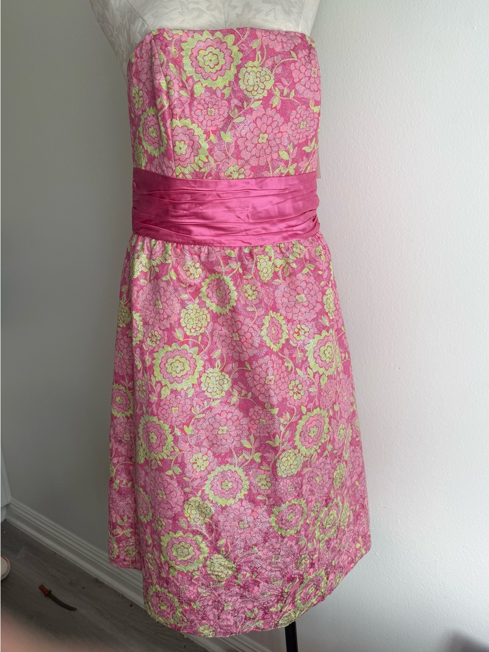 Lilly Pulitzer Pink and Lime Floral Strapless Dress with Satin Sash